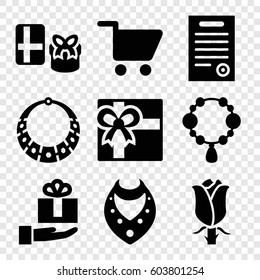Set of 9 present filled icons such as necklace, gift, rose, bill of house, shopping cart