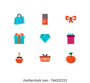 Set of 9 present icon flat style set with shopping basket, gift and chocolate elements including brilliant present icon for your web site mobile app logo UI design.