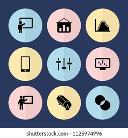 Set of 9 presentation filled icons such as circle intersection, teacher, graph on display, graph on board, graph, lottery, equalizer