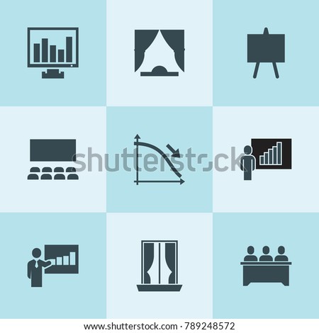 Set of 9 presentation filled icons such as lecturer, lesson, chart on display, curtain, easel, cinema hall, curtains