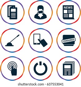 set of 9 press filled icons such as finger on display, news, touchscreen, arm lever, censored woman, censored, switch off