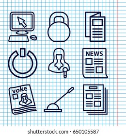 Set of 9 press outline icons such as pointer on display, news, barbell, magazine, woman speaker, arm lever, switch off