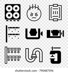 Set of 9 pressure filled and outline icons such as vice clamp, pipe, angry emot, irrigation system, blood pressure measure
