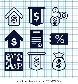 Set of 9 price filled and outline icons such as buying a house, bill of house, money sack, ticket on sale, qr code