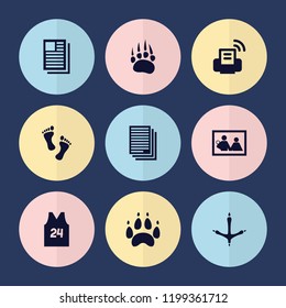 Set of 9 print filled icons such as animal paw, family photo, sport t shirt number 24, footprint of  icobird, paw, newspaper, printer