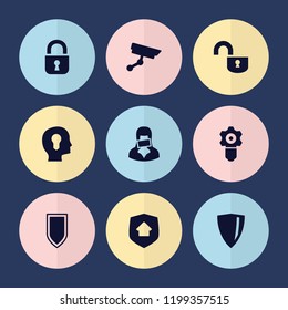Set of 9 privacy filled icons such as censored woman, shield, home security, security camera, gear keyhole, head with keyhole, lock