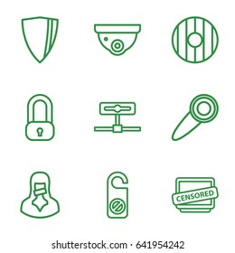  set of 9 privacy outline icons such as security camera, do not disturb, censored woman, door knob, shield, lock