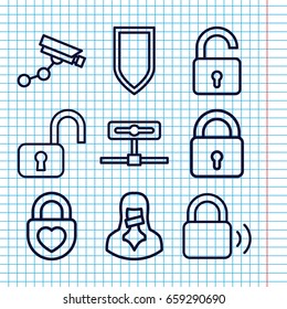 Set of 9 privacy outline icons such as opened lock, security camera, censored woman, shield