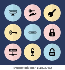 Set of 9 private filled icons such as do not disturb, reserved, key, key on hand, lock, censored