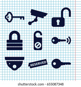 Set of 9 private filled icons such as security camera, do not disturb, lock, reserved, key