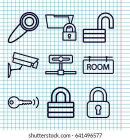 Set of 9 private outline icons such as lock, opened lock, room tag, door knob, security camera, key, folder protection