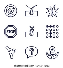 Set of 9 problem outline icons such as no hair in skin, shave hair in skin, broken leg or arm, stop, labyrinth, exclamation