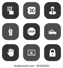 Set Of 9 Procuring Icons Set.Collection Of Strongbox, Hand , Security Man Elements.
