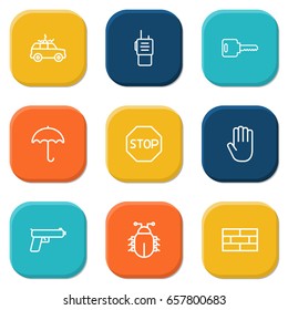 Set Of 9 Procuring Outline Icons Set.Collection Of Siren, No Entry, Firewall And Other Elements.