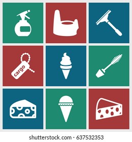 set of 9 product filled icons such as cheese, baby potty, spray bottle, mascara, window squeegee, ice cream