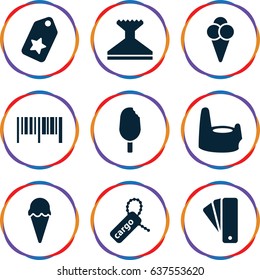 set of 9 product filled icons such as tag, baby potty, window squeegee, cargo tag, ice cream