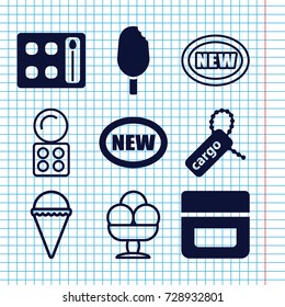 Set of 9 product filled and outline icons such as eyeshadow palette, cream, cargo tag, ice cream