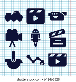 Set of 9 production filled icons such as movie clapper, camera, robot 