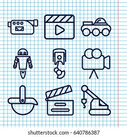 Set of 9 production outline icons such as crane, movie clapper, camera, robot arm