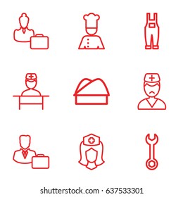 set of 9 profession outline icons such as wrench, gardener jumpsuit, nurse, doctor, male consultant   with case, woman consultant with case, chef