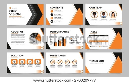 Set of 9 professional corporate presentation slides. Modern slide deck template for business reports, company profiles, and marketing pitches. Features infographic charts, icons, and table layouts.