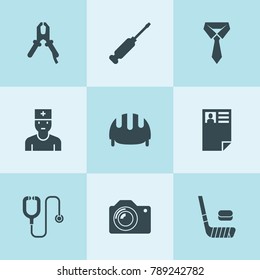 Set of 9 professional filled icons such as tie, pliers, work helmet, screwdriver, camera, cv, stethoscope, doctor