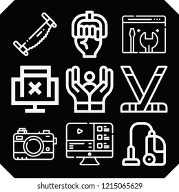 Set of 9 professional outline icons such as saw, camera, handgrip, vacuum cleaner, maintenance, monitor, hockey sticks, care