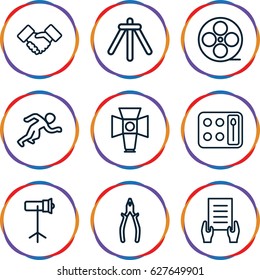 set of 9 professional outline icons such as eyeshadow palette, holding document, pliers, movie tape, soft box, camera tripod, studio lapm, handshake