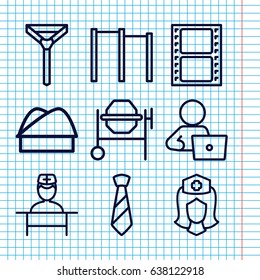 Set of 9 professional outline icons such as tie, man with laptop, concrete mixer, nurse, movie tape, doctor, chef hat