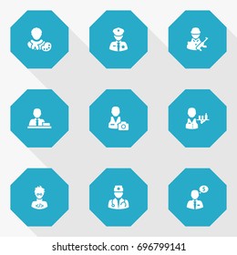 Set Of 9 Professions Icons Set.Collection Of Servant, Money Agent, Medic And Other Elements.
