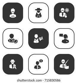 Set Of 9 Professions Icons Set.Collection Of Servant, Leaner, Actor And Other Elements.