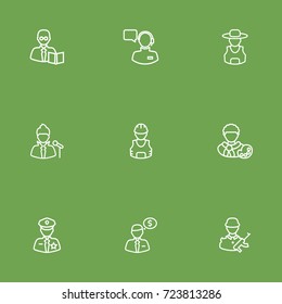 Set Of 9 Professions Outline Icons Set.Collection Of Banker, Farmer, Policeman And Other Elements.