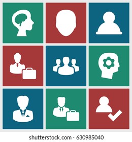 set of 9 profile filled icons such as face, human brain, male consultant   with case, woman consultant with case, businessman, user group, gear in head