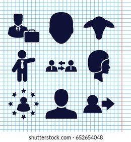 Set of 9 profile filled icons such as goat, face, man, businessman, male consultant   with case, communication, user surrounded by stars