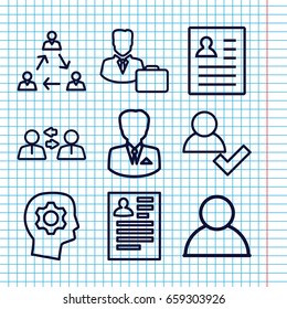 Set of 9 profile outline icons such as resume, male consultant   with case, businessman, add user, gear in head, user