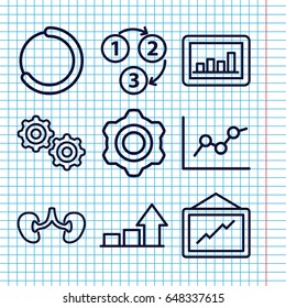 Set of 9 progress outline icons such as graph, kidney, gear, 1 2 3, chart