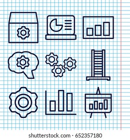 Set of 9 progress outline icons such as ladder, gear, graph, chart