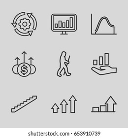 Set of 9 progress outline icons such as stairs, chart, graph on hand