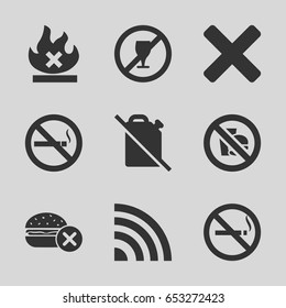Set of 9 prohibited filled icons such as no smoking, no fire, no drinking