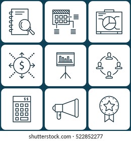 Set Of 9 Project Management Icons. Can Be Used For Web, Mobile, UI And Infographic Design. Includes Elements Such As Promotion, Award, Chart And More.