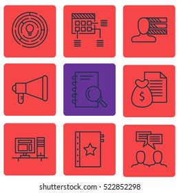Set Of 9 Project Management Icons. Can Be Used For Web, Mobile, UI And Infographic Design. Includes Elements Such As Meeting, Advertising, Money And More.