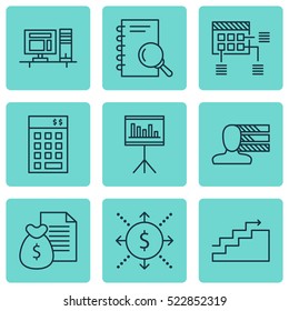 Set Of 9 Project Management Icons. Can Be Used For Web, Mobile, UI And Infographic Design. Includes Elements Such As Research, Budget, Chart And More.