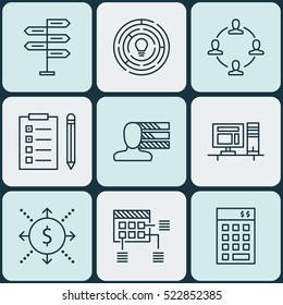 Set Of 9 Project Management Icons. Can Be Used For Web, Mobile, UI And Infographic Design. Includes Elements Such As Plan, Finance, Collaboration And More.