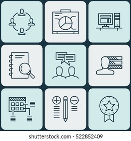 Set Of 9 Project Management Icons. Can Be Used For Web, Mobile, UI And Infographic Design. Includes Elements Such As Notebook, Discussion, Project And More.