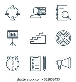 Set Of 9 Project Management Icons. Can Be Used For Web, Mobile, UI And Infographic Design. Includes Elements Such As Team, Personal, Notebook And More.