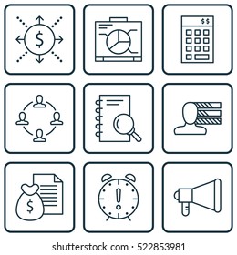 Set Of 9 Project Management Icons. Can Be Used For Web, Mobile, UI And Infographic Design. Includes Elements Such As Announcement, Analysis, Finance And More.