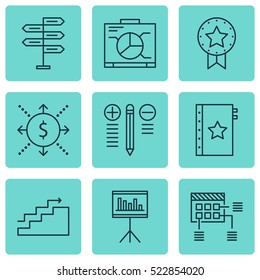 Set Of 9 Project Management Icons. Can Be Used For Web, Mobile, UI And Infographic Design. Includes Elements Such As Chart, Statistics, Plan And More.