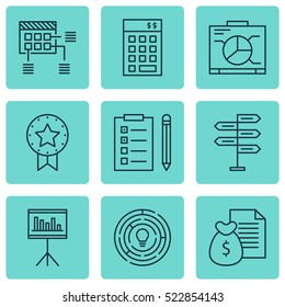Set Of 9 Project Management Icons. Can Be Used For Web, Mobile, UI And Infographic Design. Includes Elements Such As Chart, Investment, Fork And More.