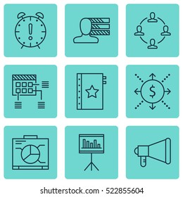 Set Of 9 Project Management Icons. Can Be Used For Web, Mobile, UI And Infographic Design. Includes Elements Such As Collaboration, Plan, Date And More.