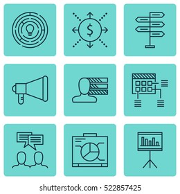 Set Of 9 Project Management Icons. Can Be Used For Web, Mobile, UI And Infographic Design. Includes Elements Such As Team, Discussion, Presentation And More.